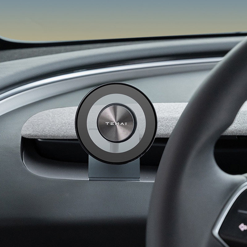 Temai MagSafe mobilholder Flex for Model 3 2024+/Model Y 2025+ på dashbordet, designet for enkel montering.
