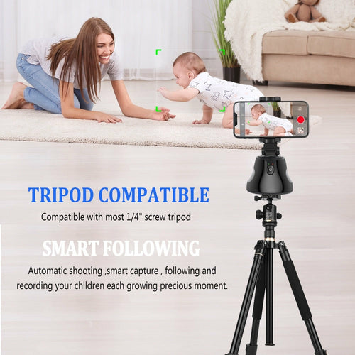 Revolving Follow Me Auto Selfie Holder in action, capturing moments of a mother and child with smart tracking features.