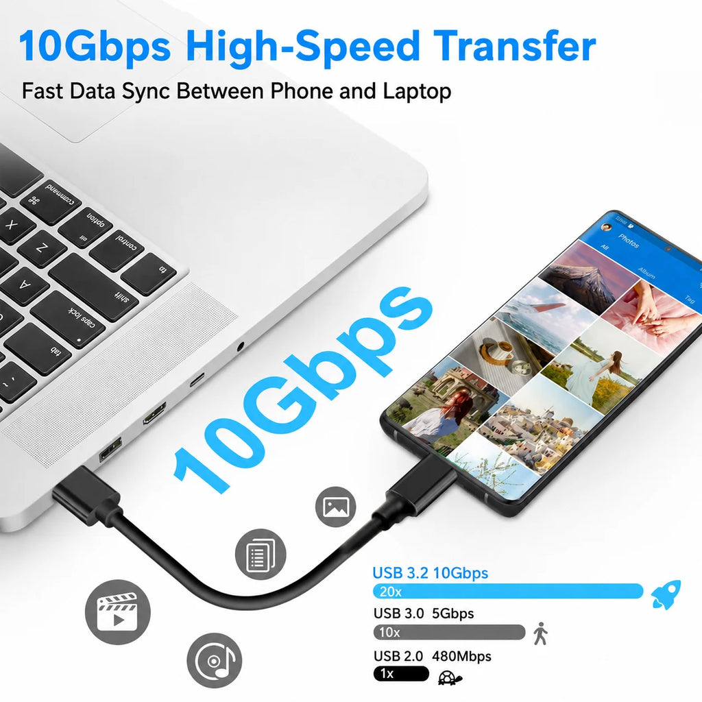 USB 3.2 Type C to A Cable 10Gbps 60W PD Fast Charging Data Transfer for Galaxy S23 S22 Note 20 Pixel iPad Pro SSD Android Auto