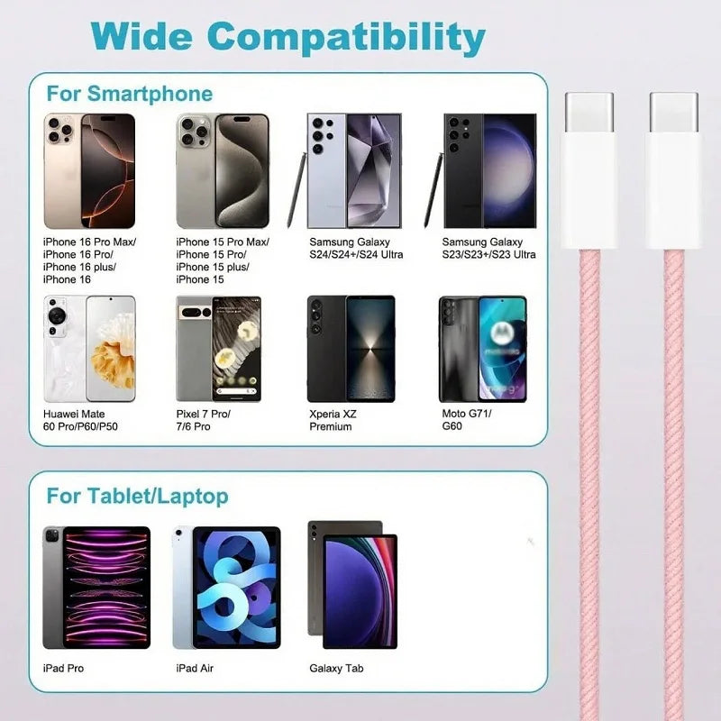 Cable de carga rápida USB-C a USB-C trenzado de nailon con PD de 60W para iPhone 17, 16 y 15 / Pro Max, compatible con carga rápida Samsung Type-C