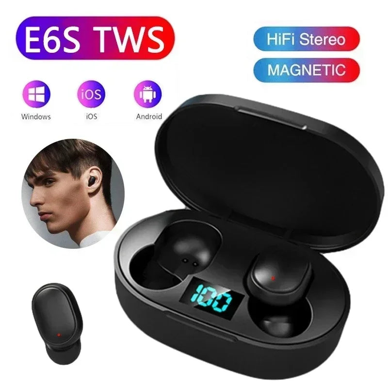 E6S trådløse Bluetooth-øretelefoner, TWS-Bluetooth-headset, trådløse earbuds med støjreduktion og mikrofon