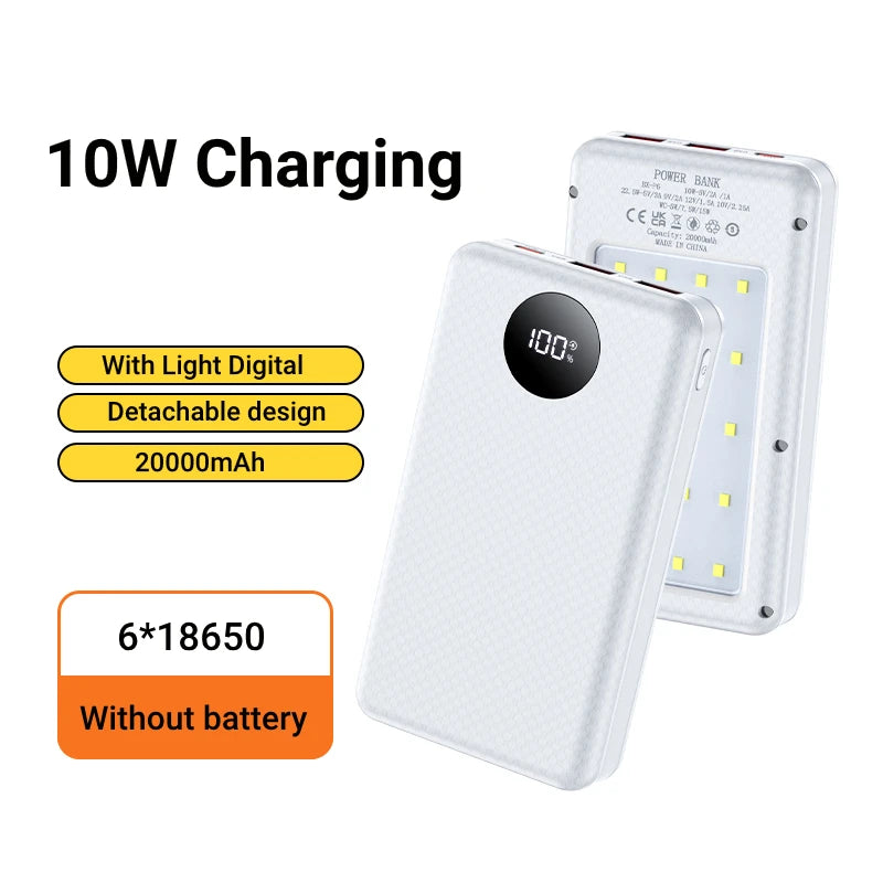 Powerbankkabinet med to USB Type-C-porte, 5V DIY-kabinet med 18650-holder, aftagelig batteriopbevaringsboks med opladning og campinglys