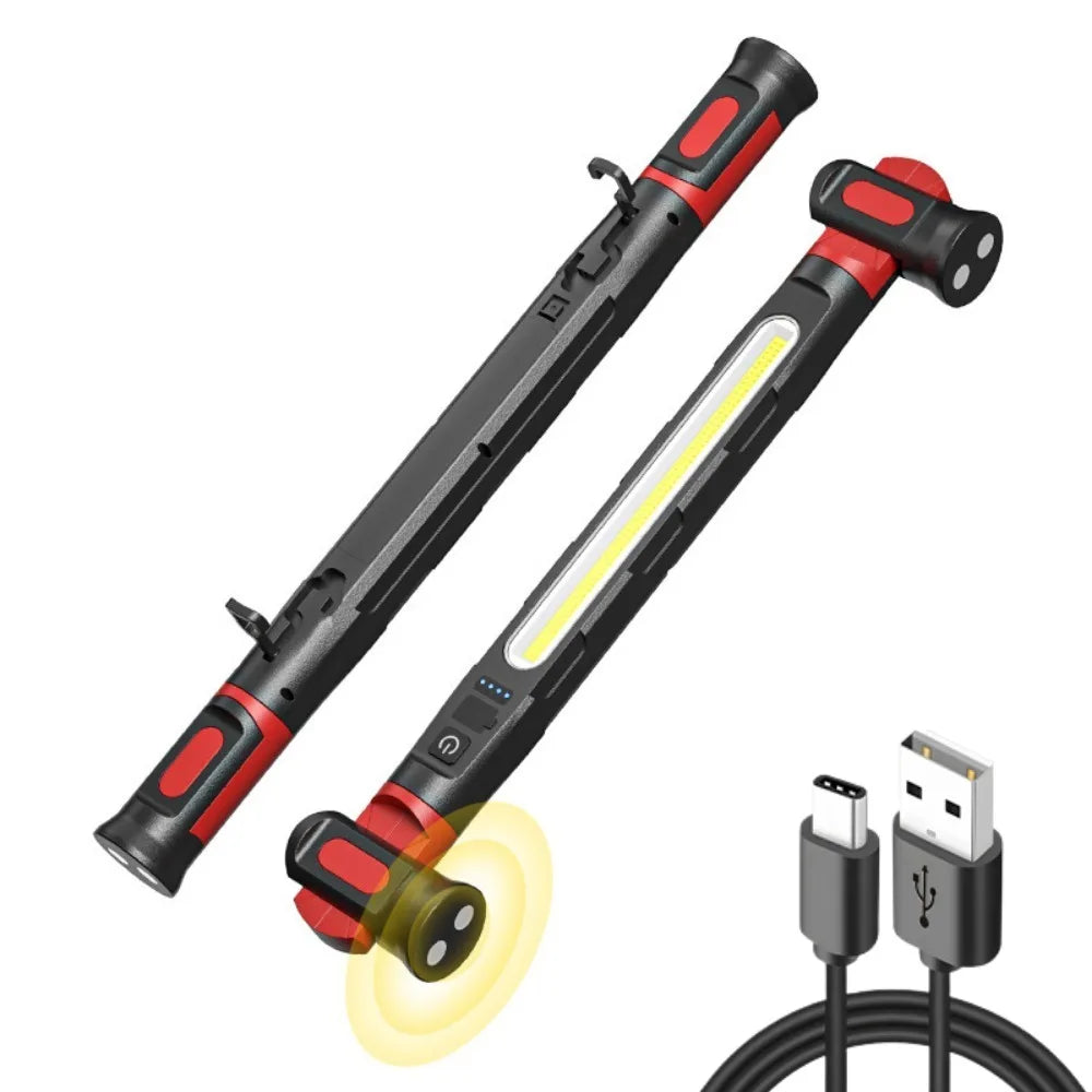 COB-LED-arbejdslampe med genopladning, motorhjelmslampe med kroge og roterende magnetisk base, LED-lygte til bilreparationer og nødsituationer