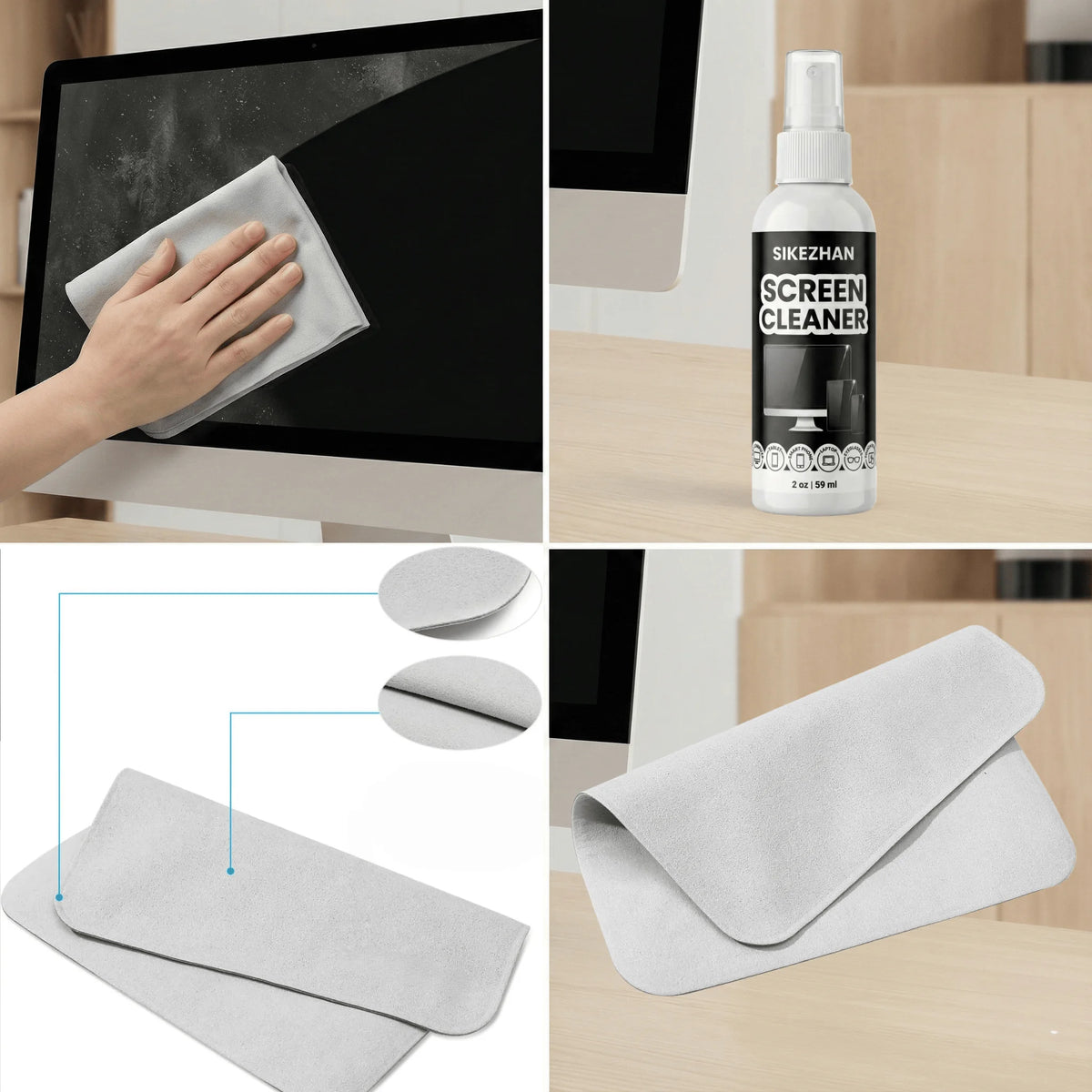 Kit de nettoyage d'écran SIKEZHAN avec chiffon de polissage - Spray sans traces pour MacBook, iPad, iPhone, ordinateur portable, moniteur et téléviseur (60 ml)