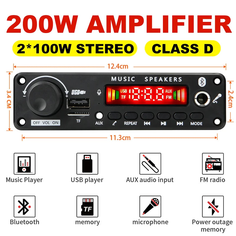 NY 200W Bluetooth-forstærker og DIY MP3 WAV-dekoderkort, DC 12V 100W, trådløs bil-USB MP3-afspiller med TF-kortplads, USB-FM og mikrofon