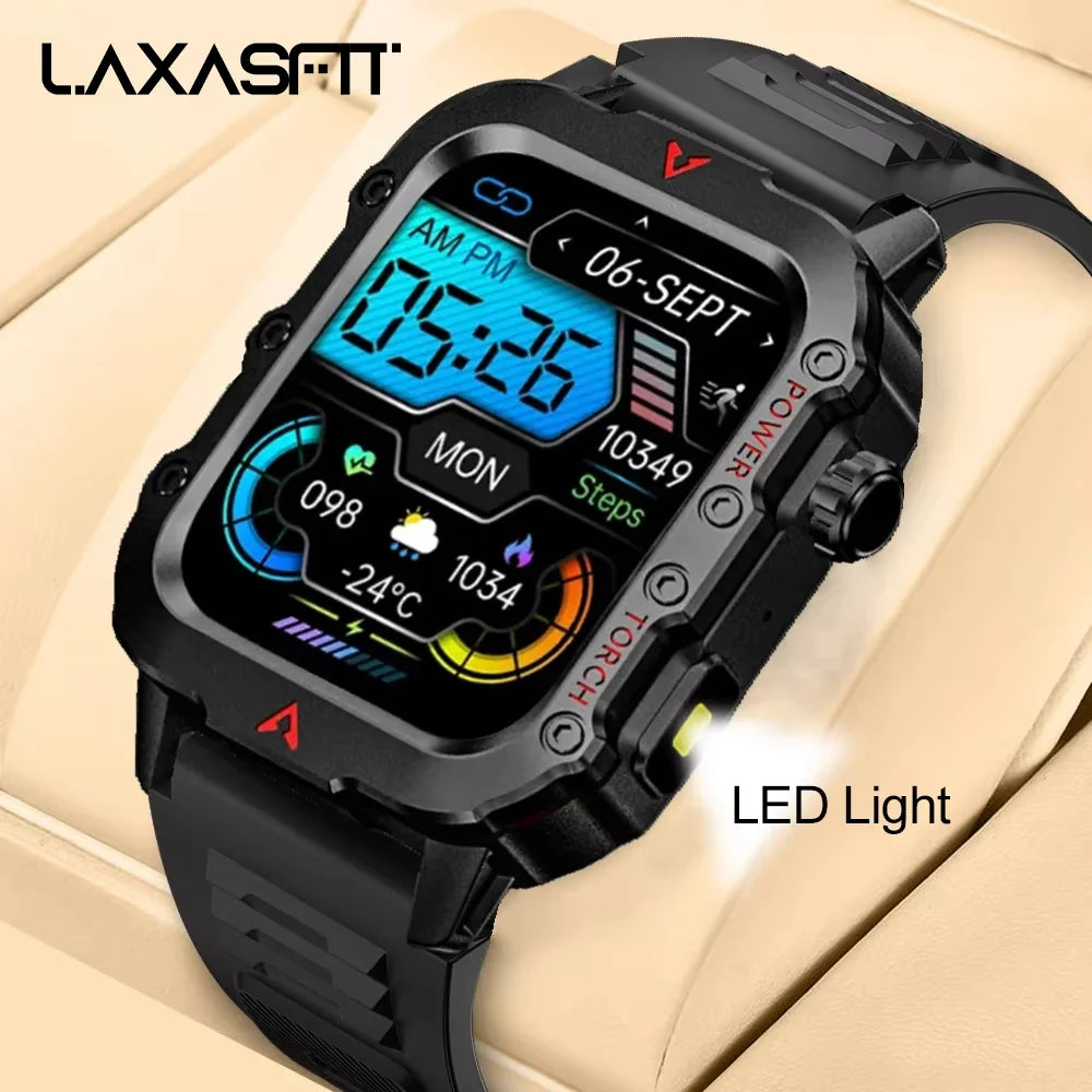 LAXASFIT nyt smartwatch til mænd med LED-lommelygte, til udendørssport, fitness, sundhedsovervågning og som armbåndsur