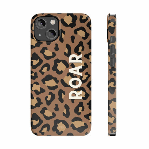 Leopard Print Slim Case for iPhone 14 Series featuring a glossy ROAR design and flexible material.