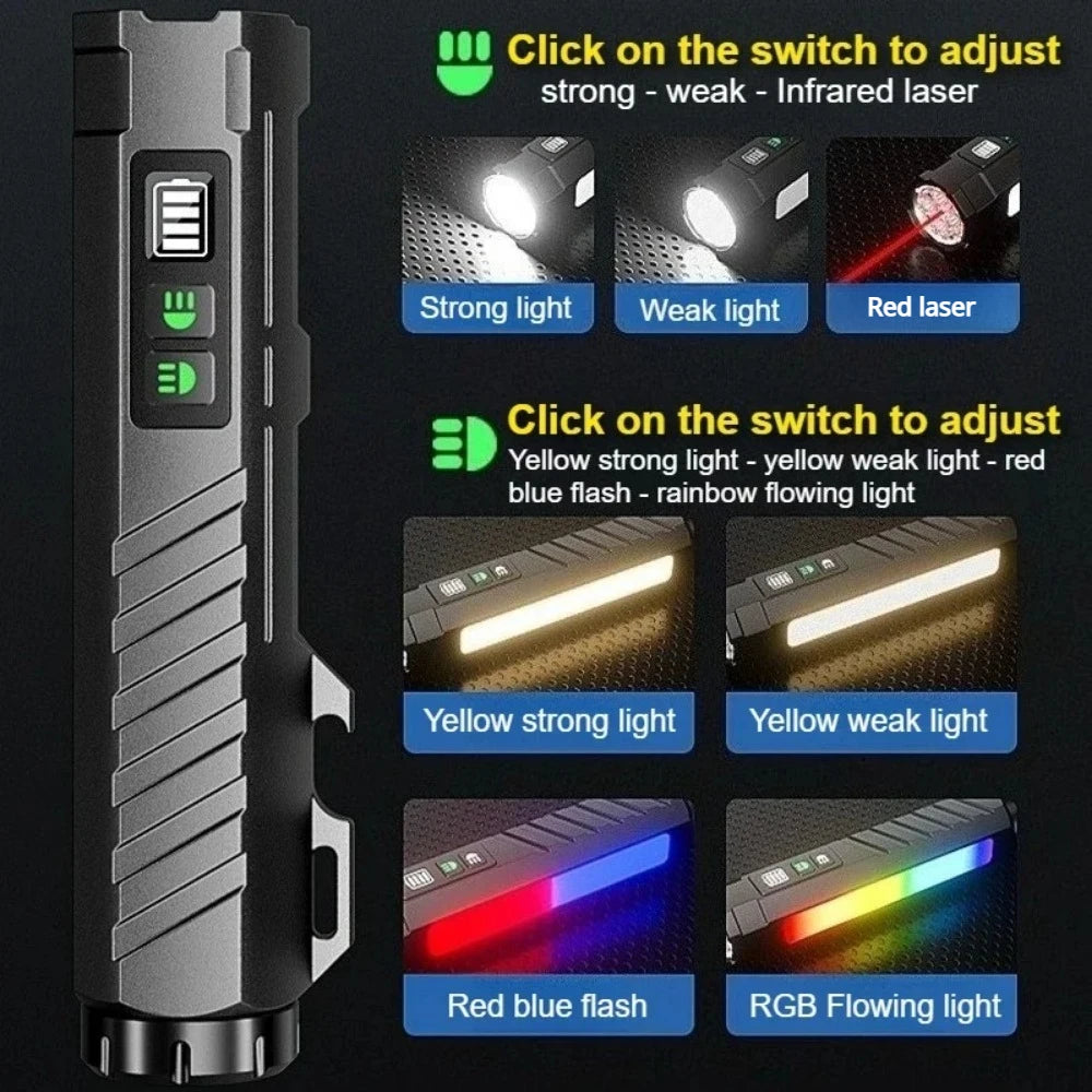 Linterna LED multifuncional de luz intensa, recargable, con luz de neón multicolor y base magnética, ideal para inspecciones y uso al aire libre