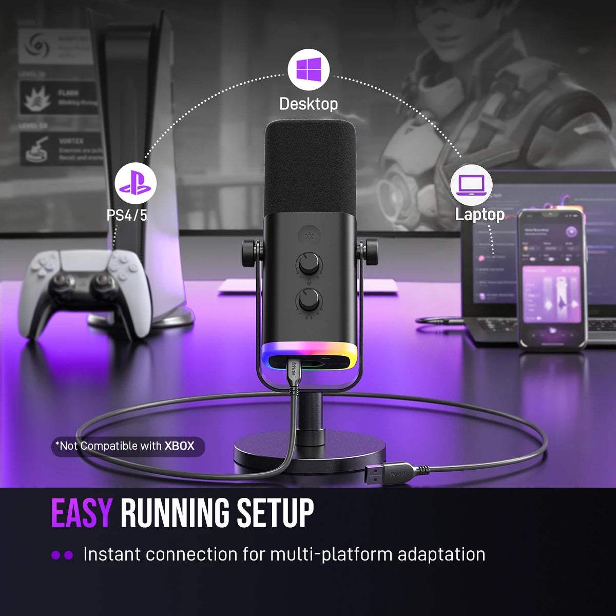 Micrófono dinámico USB/XLR FIFINE con control RGB, conector para auriculares y silenciador, micrófono para juegos, grabación y streaming en PC, AmpliGame-AM8