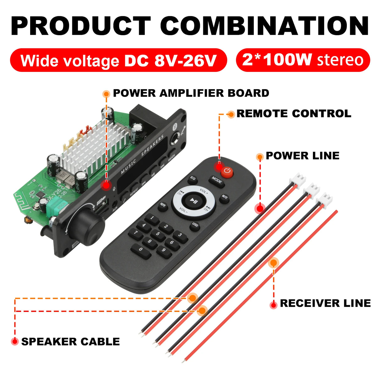 NY 200W Bluetooth-forstærker og DIY MP3 WAV-dekoderkort, DC 12V 100W, trådløs bil-USB MP3-afspiller med TF-kortplads, USB-FM og mikrofon