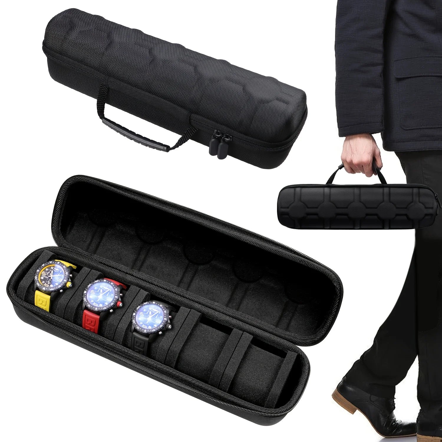 1pc 5-Slot Watch Case | Hard Shell Travel Organizer with Pillow Insert - Gift Ready (Black), suitable for smart watch storage
