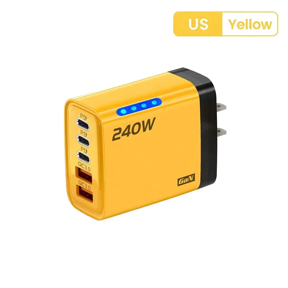 240W 5 in 1 USB C GaN Desktop Charger Fast Charge Phone Adapter 10A Type C Cable For iPhone Samsung Xiaomi EU/US/UK Plug Charger