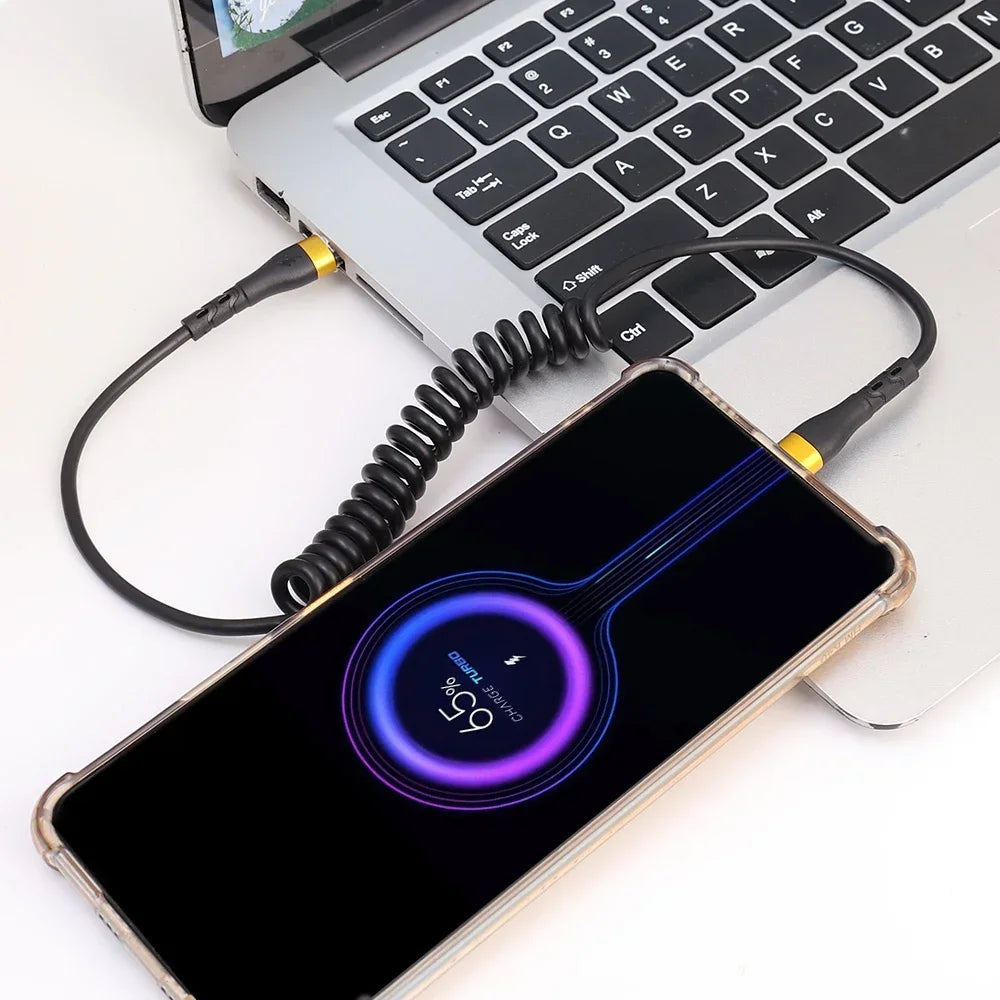 Udtrækkeligt 120 W PD-hurtigopladningskabel med USB-C til USB-C-spiralkabel, kompatibelt med iPhone 16/17, Xiaomi- og Samsung-enheder med hurtig opladning