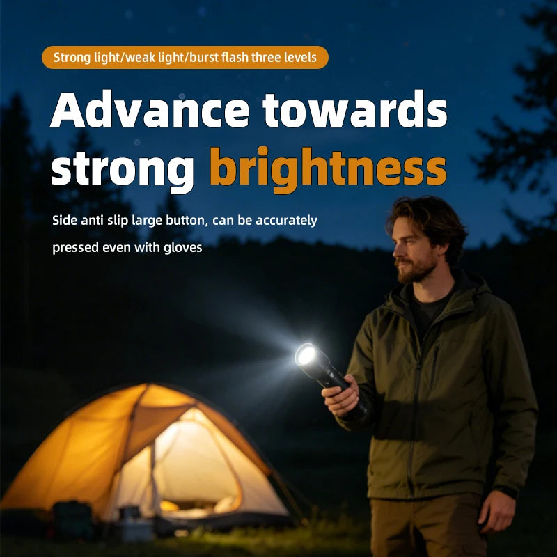 Sort LED-lommelygte (teleskopisk aluminiumlegering) med lang batteritid, uundværlig til camping og udforskning