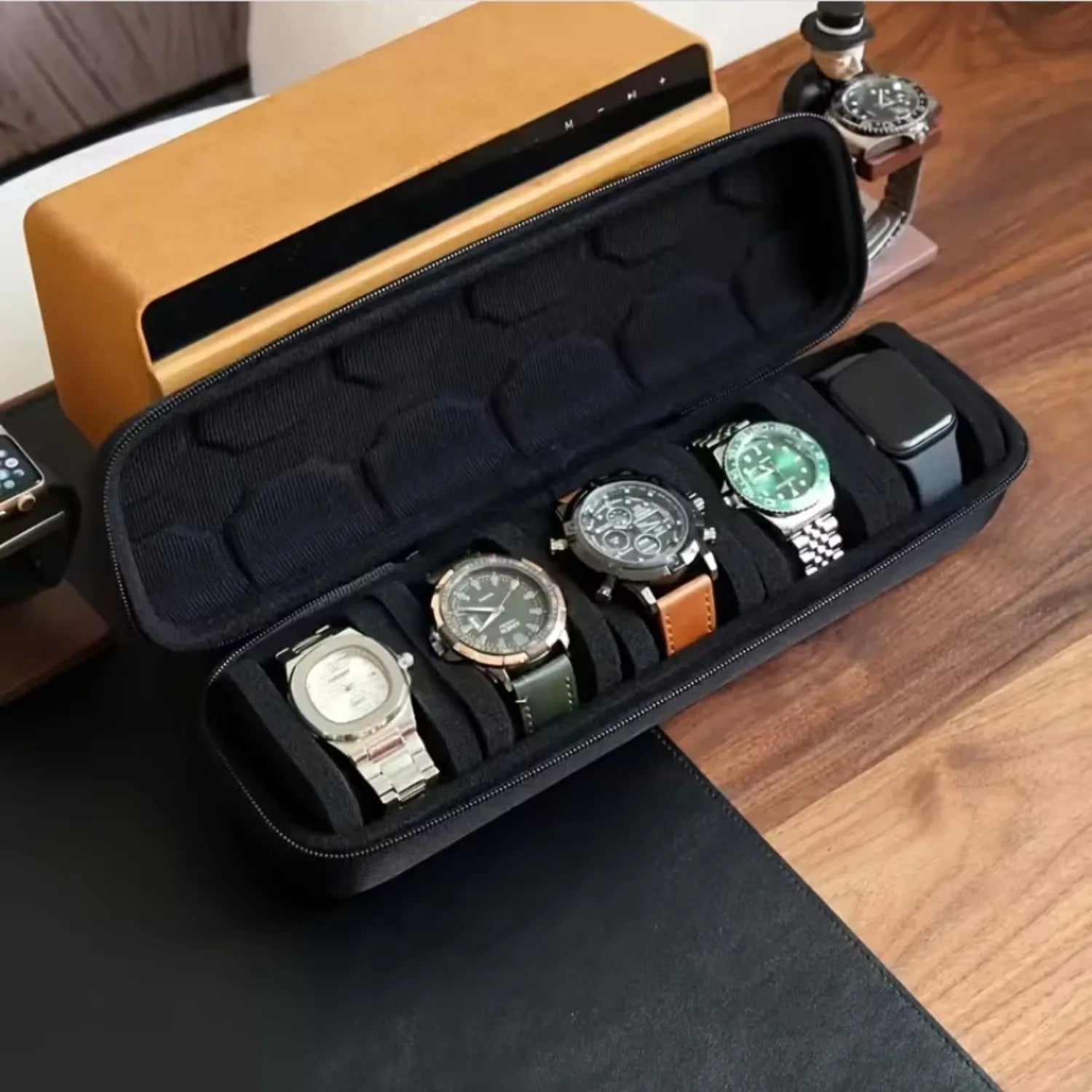 1pc 5-Slot Watch Case | Hard Shell Travel Organizer with Pillow Insert - Gift Ready (Black), suitable for smart watch storage