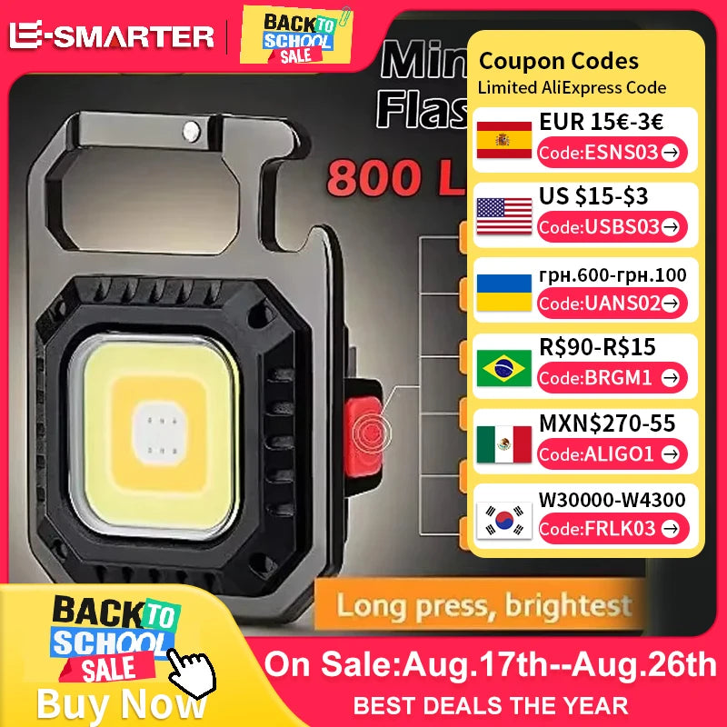 Mini LED Flashlight Magnetic COB Outdoor Camping Pocket Work Light 800 Lumens USB Rechargeable 7 Modes Spotlights