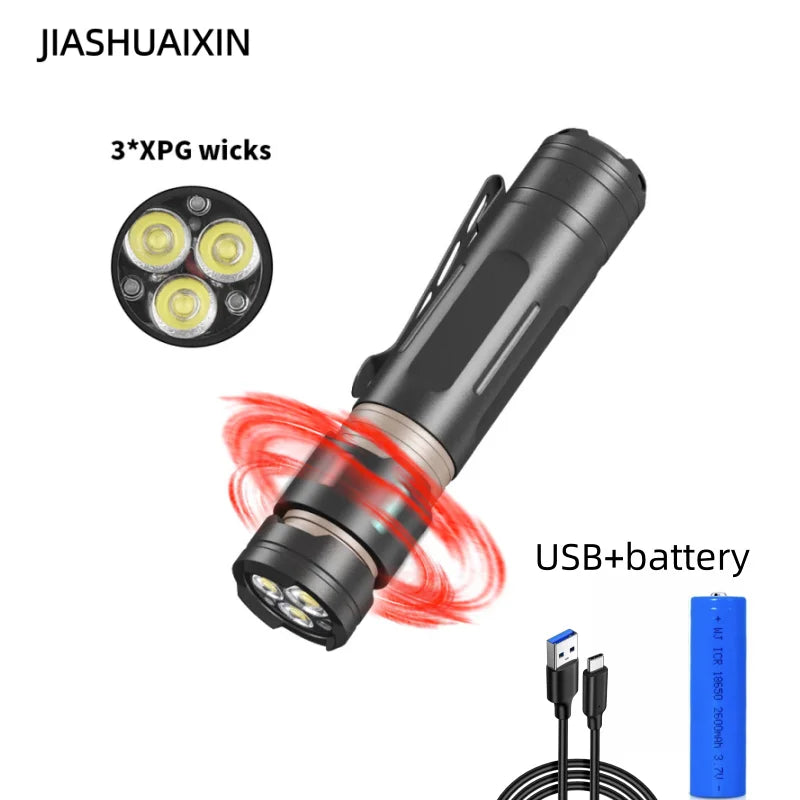 Linterna LED JIASHUAIXIN 3*XPG, linterna multifuncional luminosa antiestrés con clip para bolígrafo