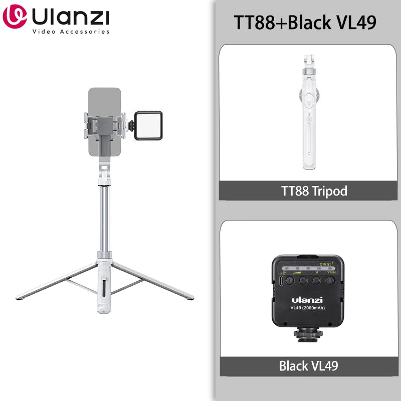 Palo selfie cenital Ulanzi TT88 de 1.44M, trípode para teléfono con pinza magnética, control remoto inalámbrico y extensión, para transmisiones en directo y vlogs