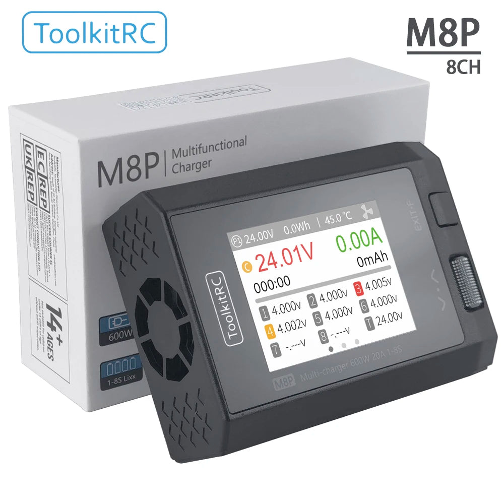 Cargador inteligente ToolkitRC M8P 1-8S, 600W 20A, carga rápida de baterías de litio para coches teledirigidos, modelos de aviación y aeronaves FPV