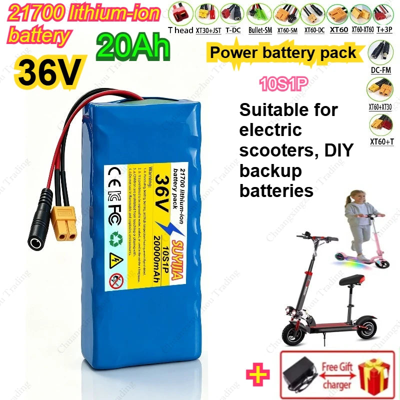 36V 20Ah 21700 Li-ion Battery Pack, 10S1P Electric Scooter Battery with XT60/DC Connector for 250W-500W Motor BMS Protection