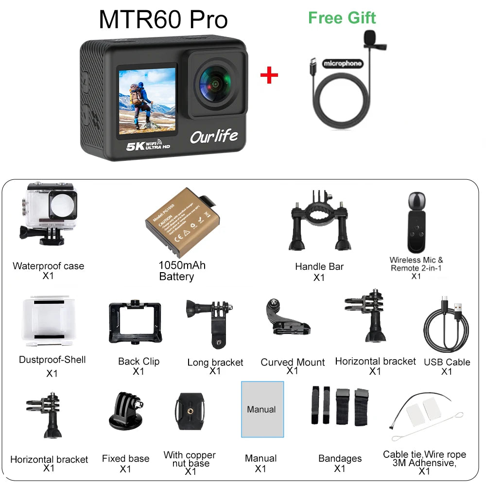 Cámara deportiva Ourlife 5K30FPS, pantalla LCD táctil de 2.0'', DVR de 170°, resistente al agua hasta 30 m, control remoto, zoom 5X, cámara deportiva con casco, WiFi y 4K60FPS