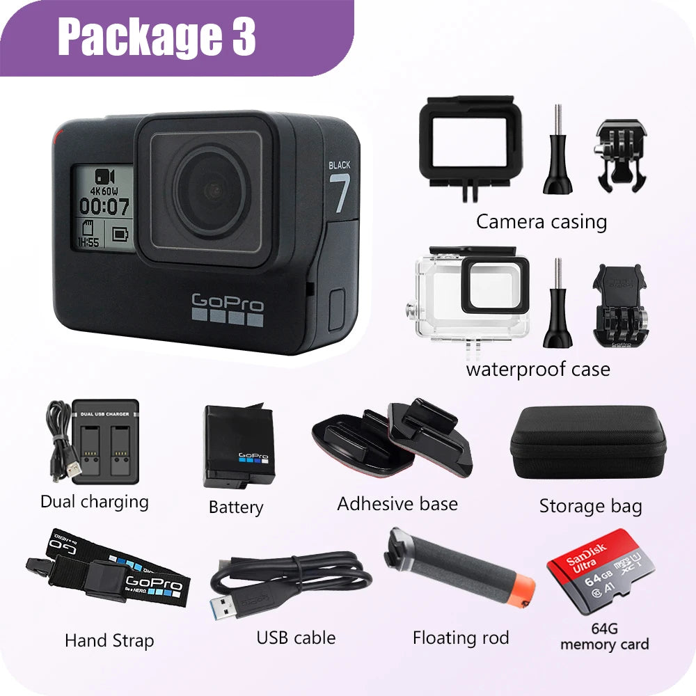GoPro Hero 7 Black original specialpakke, actionkamera, Go Pro Hero7 Sport, 12 MP-fotos, livestreamingkamera, 4K 60 fps, 1080P 240 fps