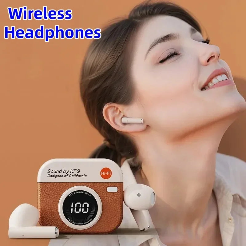 Wireless Bluetooth headphones retro camera creative battery level display music headphones long-lasting battery life