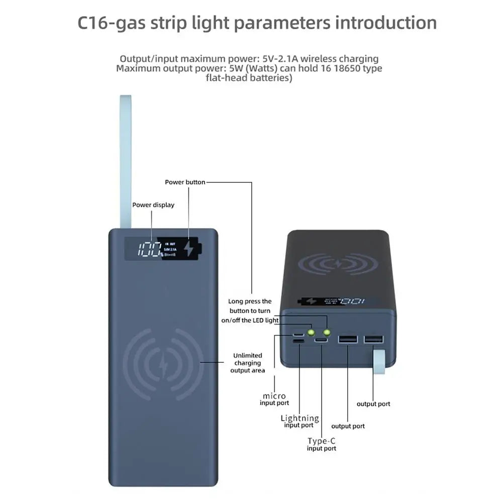 Portable Power Bank Case 16*18650 C16 USB Welding Free Power Bank Case Detachable QC 3.0 PD DIY Shell Housing For Powerbank