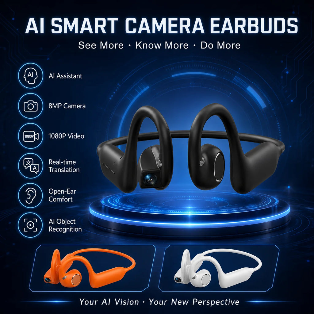 Trådløse sportshovedtelefoner med Bluetooth 5.4, 800w-kamera, 1080P-videooptagelse, WiFi-transmission, musik og behagelig pasform