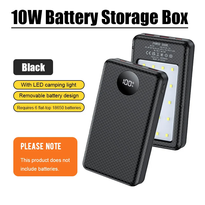 6×18650-batteriopbevaringsboks, DIY-powerbanks skal med dobbelt USB-C-udgang, bærbar opladningsholder med indbygget campinglys til mobiltelefon