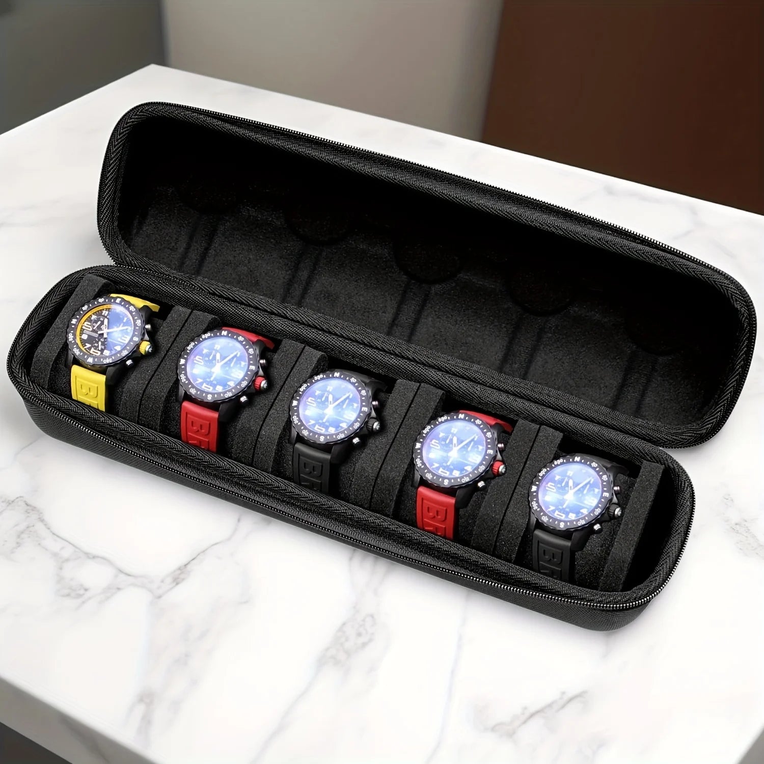 1pc 5-Slot Watch Case | Hard Shell Travel Organizer with Pillow Insert - Gift Ready (Black), suitable for smart watch storage