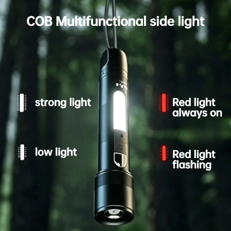 Multifunktionel LED-lommelygte med zoom, COB-sidelys, genopladelig powerbank, bærbar og vandtæt fakkel til udendørs camping og vandring