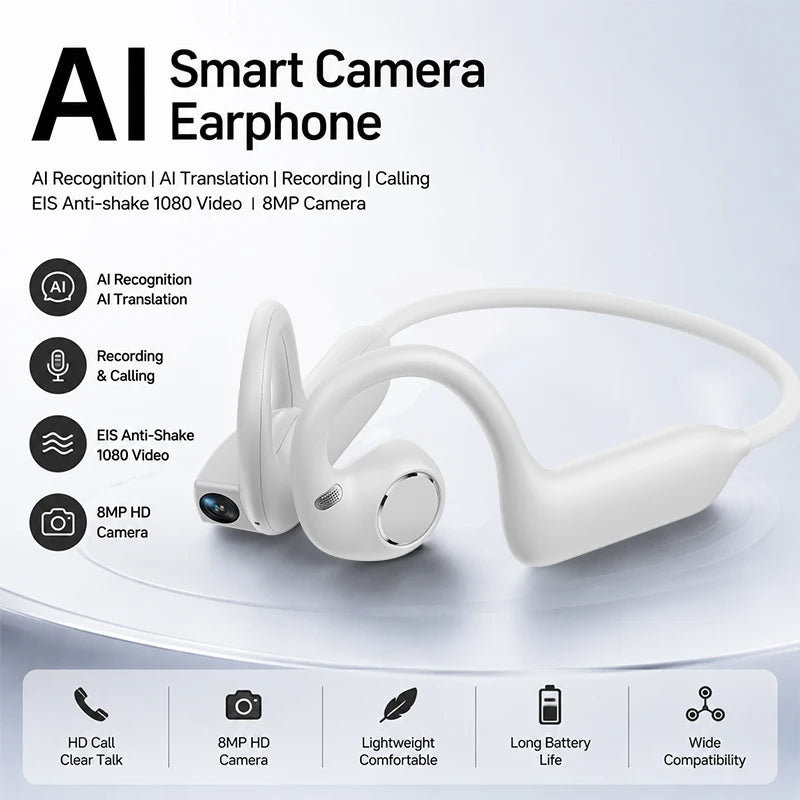 Trådløse sportshovedtelefoner med Bluetooth 5.4, 800w-kamera, 1080P-videooptagelse, WiFi-transmission, musik og behagelig pasform