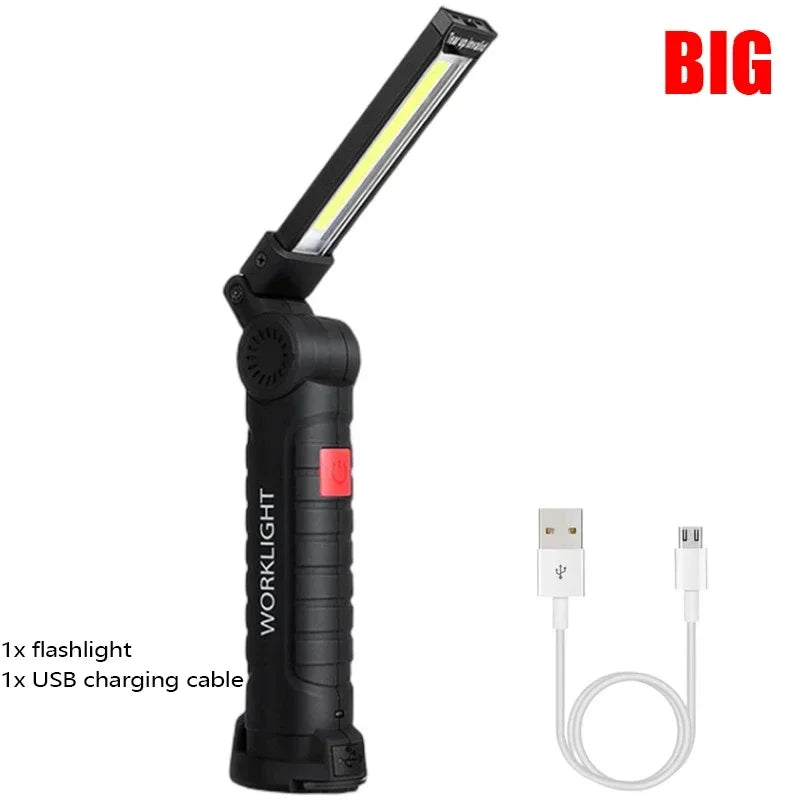 Bærbar COB-LED-lommelygte med USB-genopladning, arbejdslampe med magnet, hængelampe med indbygget batteri, campinglygte