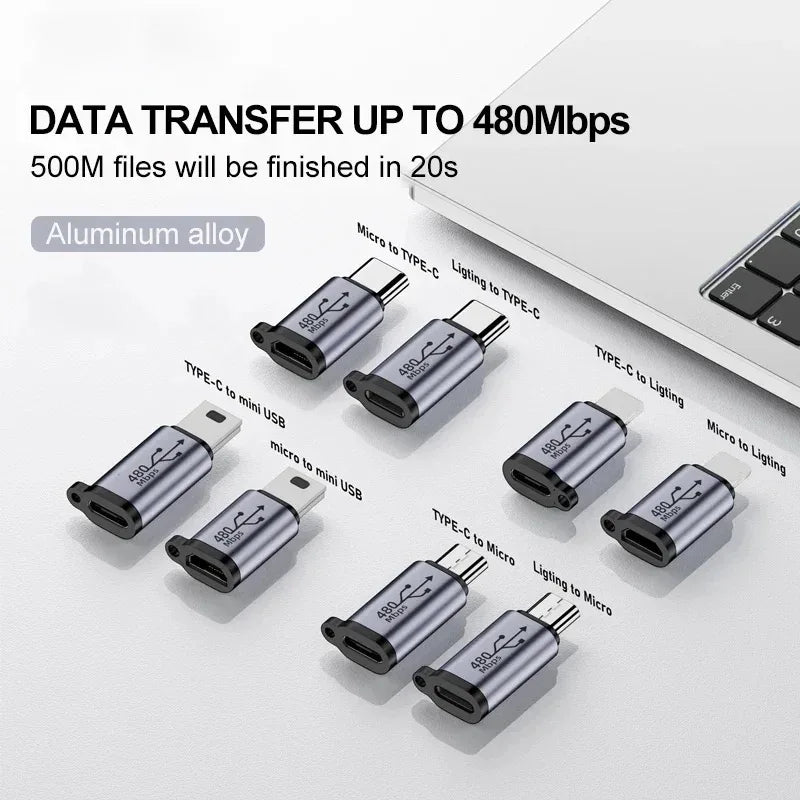 Type-C-hun til Mini-USB/Type-C/iOS-hun til Micro-USB/Micro-USB-hun til Type-C/Micro-USB-hun til Mini-USB-adapter