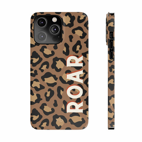 Leopard Print Slim Case for iPhone 14 Series with glossy finish and durable material, featuring the word ROAR.