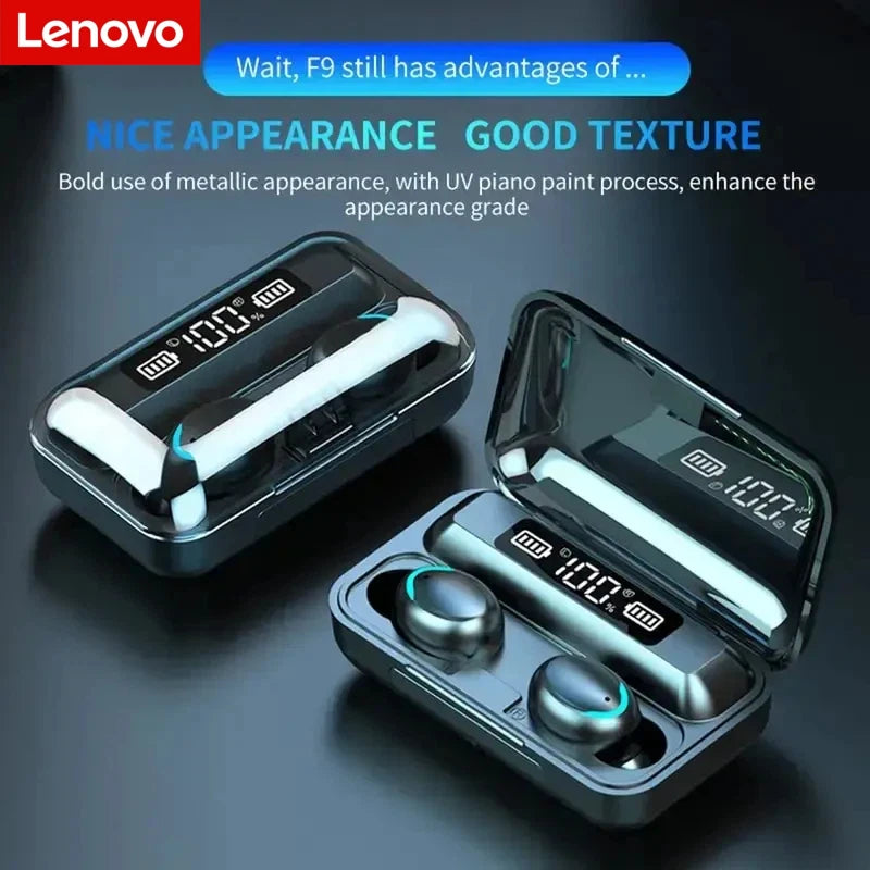 Lenovo F9 Bluetooth Wireless Headphones - Large-Capacity Charging Case & Digital Display, Long-Lasting Battery Game Earbuds 2026