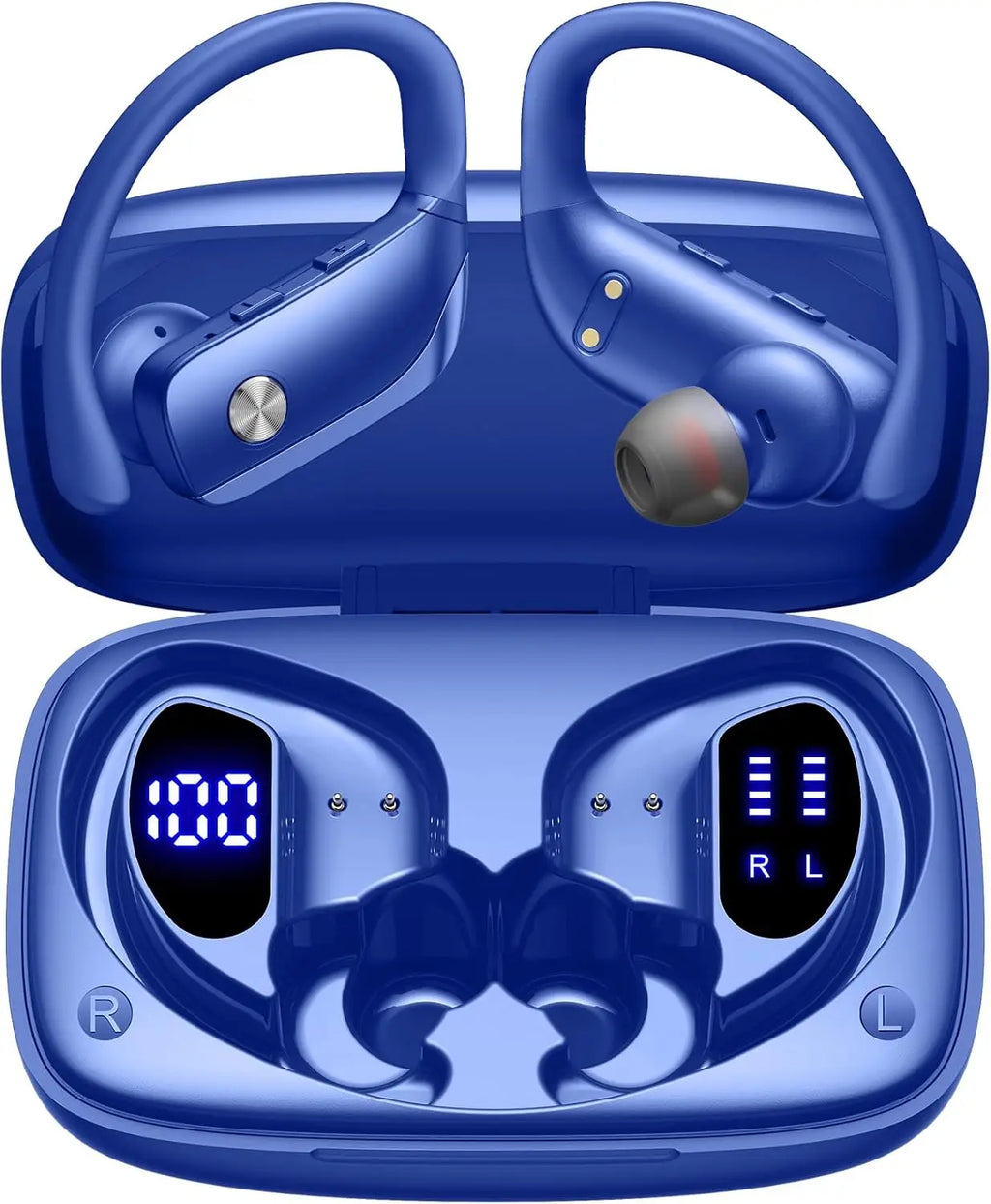 Auriculares inalámbricos con 80 h de reproducción, estuche con pantalla LED, gancho sobre la oreja, sonido estéreo, controles sencillos con botones, auriculares deportivos para correr, entrenar y gimnasio, azules