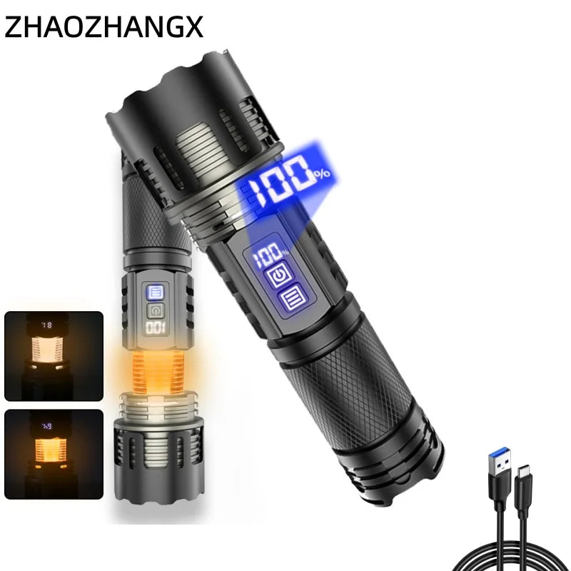 ZHAOZHANGX ny 30W LED-lommelygte med høj effekt og lang rækkevidde, multifunktionel, teleskopisk zoom, digital batteriniveauvisning