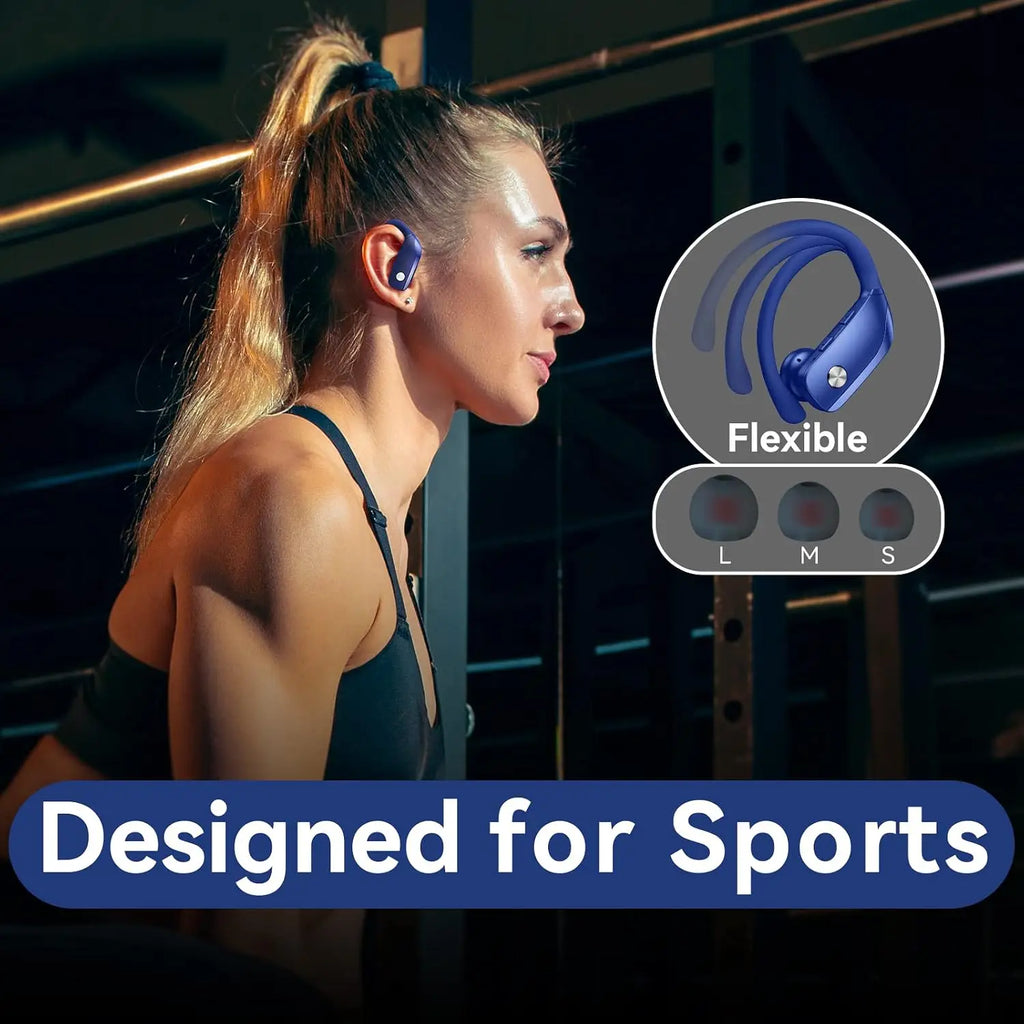 Trådløse ørepropper med 80 timers afspilning, etui med LED-display, ørekrog, stereolyd, nem betjening med knapper, sportsøretelefoner til løb, træning og fitnesscenter, blå
