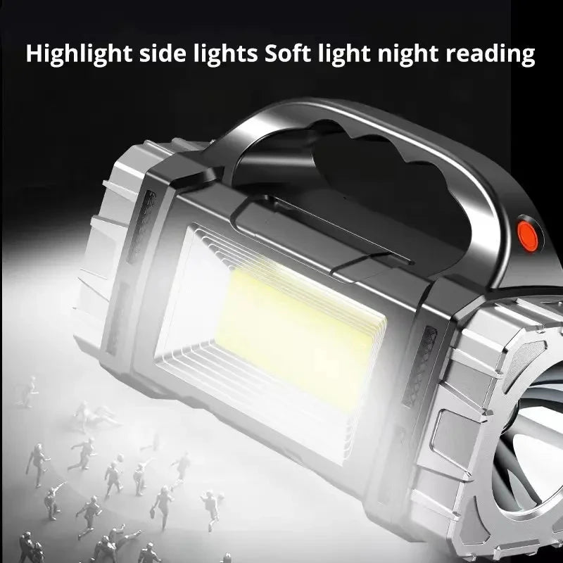 Transportabel, kraftig USB-genopladelig lommelygte med solcelle-LED, COB-arbejdslampe, 4 lysindstillinger, mobilopladning og campinglampe