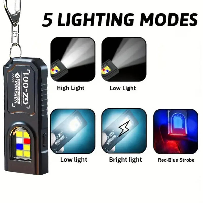 Linterna multifuncional para llavero, mini linterna recargable por USB con luz de trabajo COB, aro para llaves, lámpara de bolsillo para camping y caminatas
