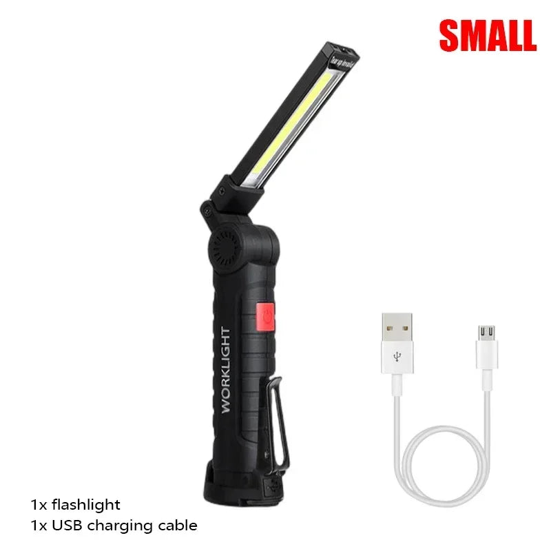 Bærbar COB-LED-lommelygte med USB-genopladning, arbejdslampe med magnet, hængelampe med indbygget batteri, campinglygte