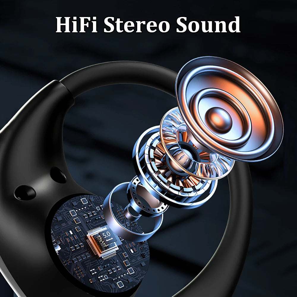 Auriculares Bluetooth 5.4 con gancho para la oreja, TWS inalámbricos, sonido estéreo HiFi, impermeables, pantalla LED, larga autonomía en espera y control táctil