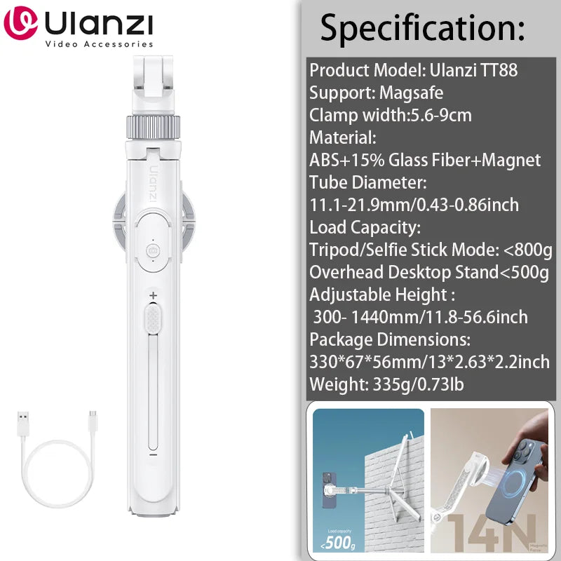 Ulanzi TT88 Trépied perche à selfie de 1,44 m avec pince magnétique et télécommande sans fil, trépied d'extension pour livestreaming et vlogging