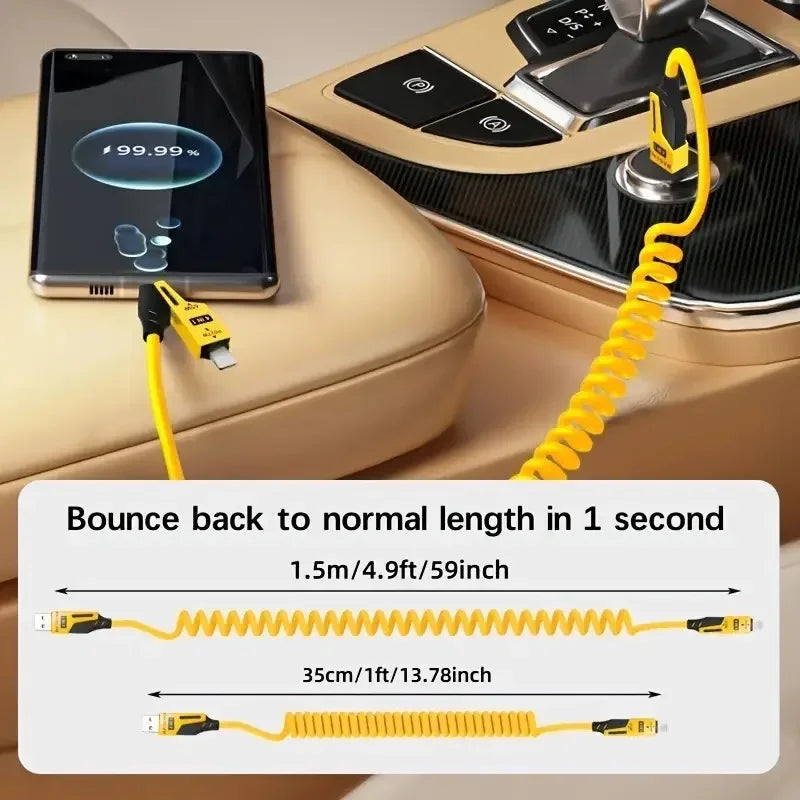 Cable de datos corto con muelle 4 en 1 de 65W, cable USB tipo C con muelle telescópico de 6A y carga rápida, cable USB con muelle para iPhone 15, 14, 13 y 12