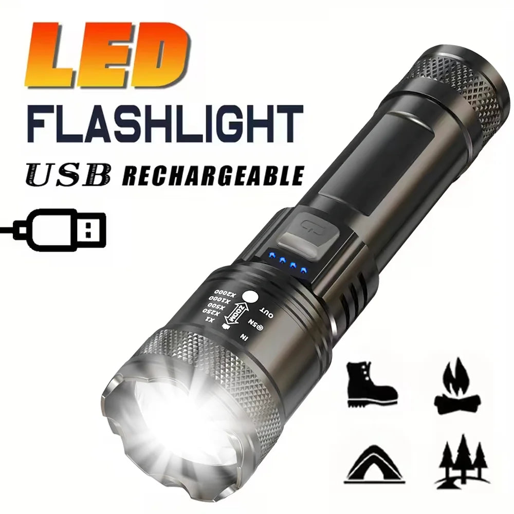 Super Bright LED Flashlight USB Rechargeable Torch Telescopic Zoom Light Outdoor Emergency Camping Fishing Waterproof Lantern