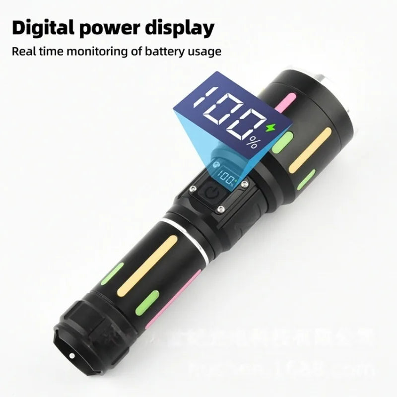 Linterna fluorescente de luz blanca de alta potencia, recargable, con zoom y largo alcance, para senderismo, acampada y emergencias