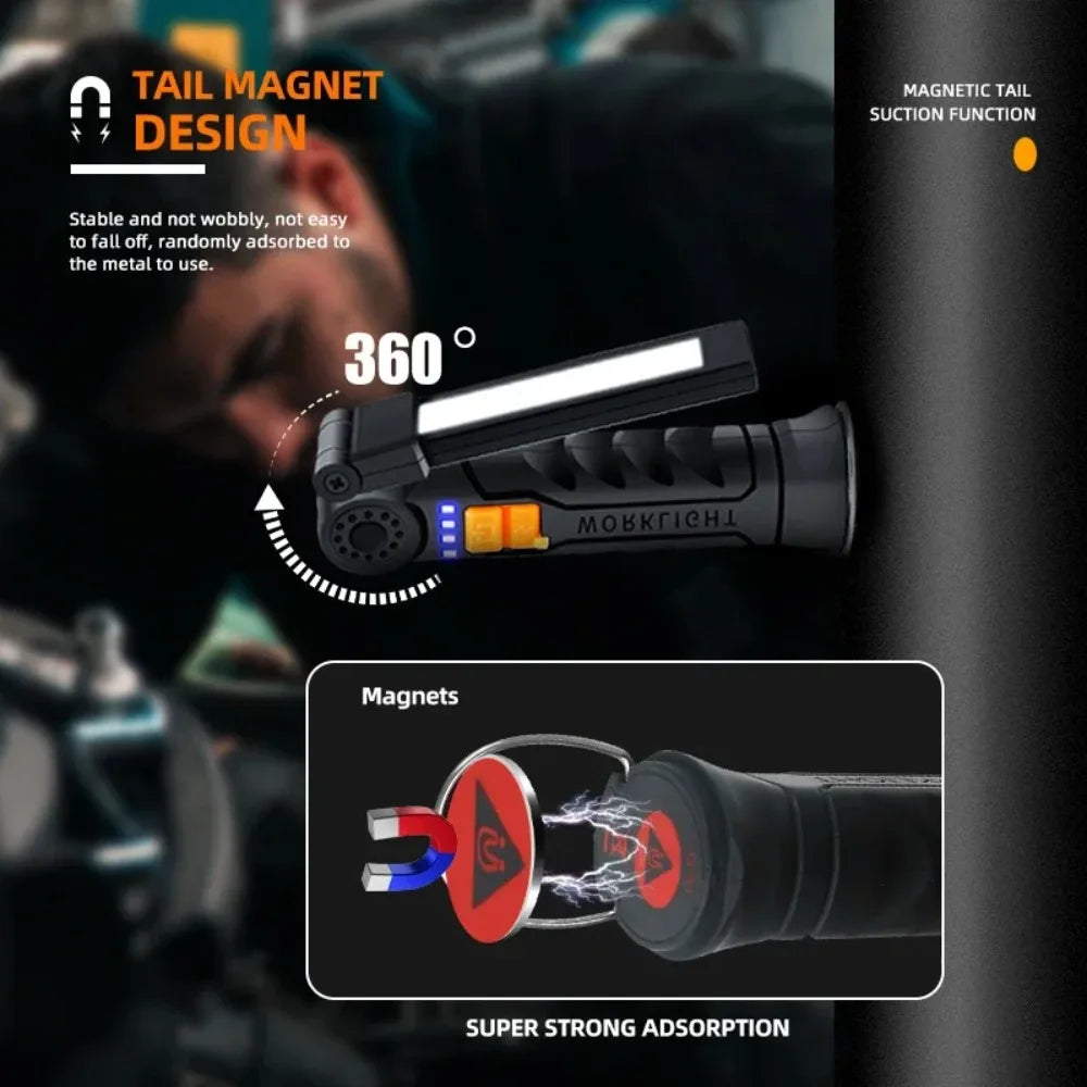 Bærbar COB-LED-lommelygte med USB-genopladning, magnetisk nød- og arbejdslampe med indbygget batteri til udendørs camping