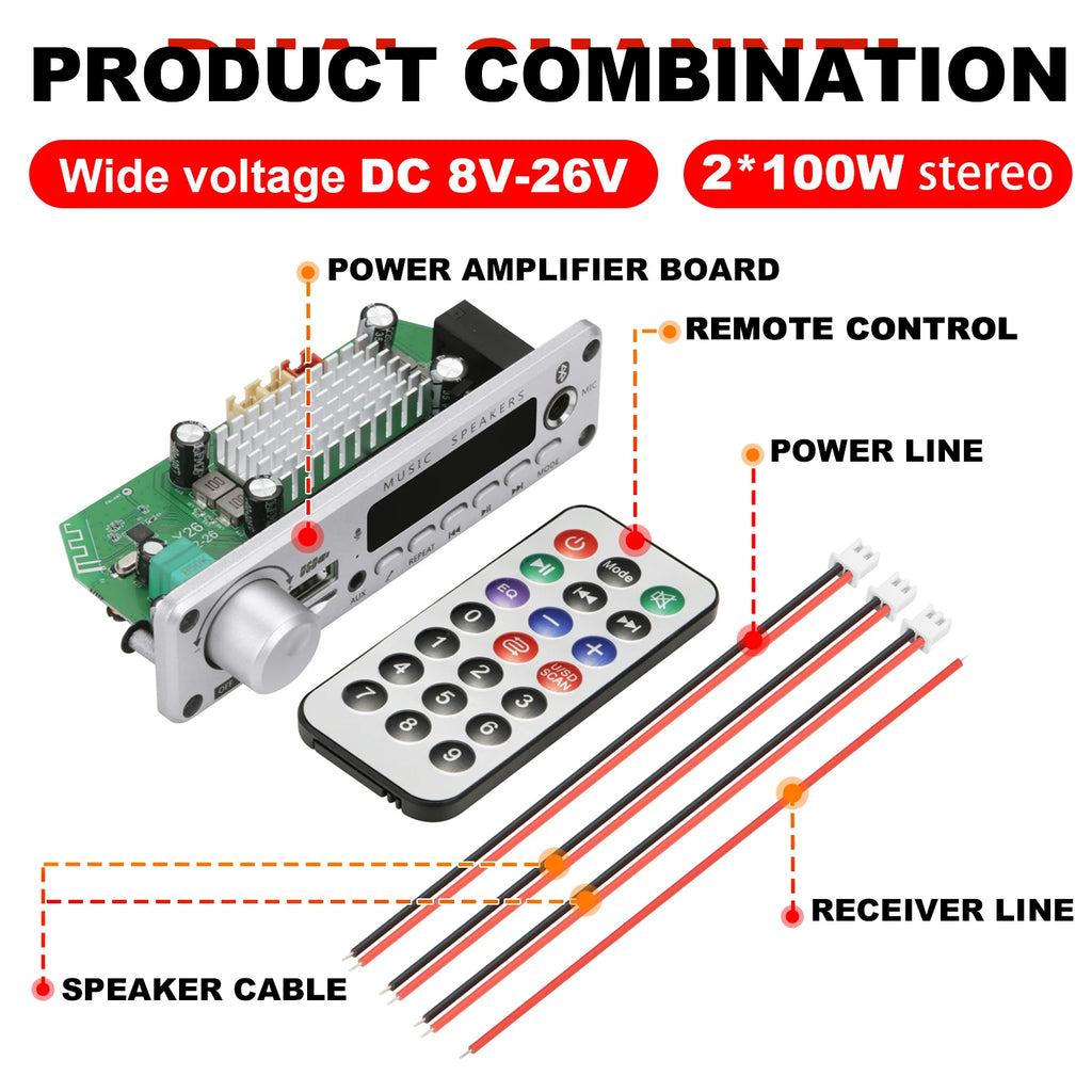 NY 200W Bluetooth-forstærker og DIY MP3 WAV-dekoderkort, DC 12V 100W, trådløs bil-USB MP3-afspiller med TF-kortplads, USB-FM og mikrofon